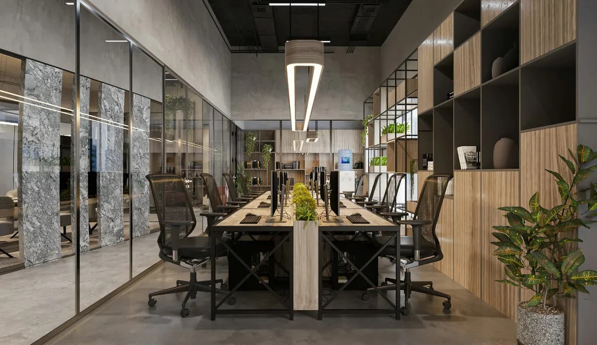 Oficina moderna con iluminación arquitectónica y acabados premium