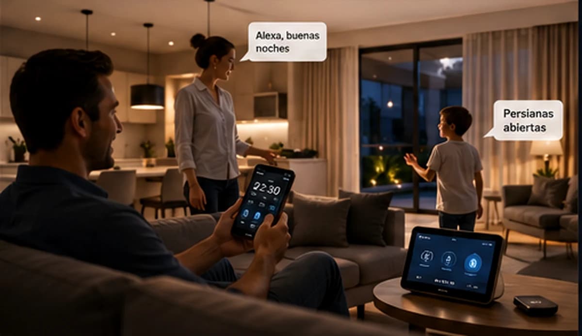 Familia utilizando tecnología integrada en un hogar inteligente